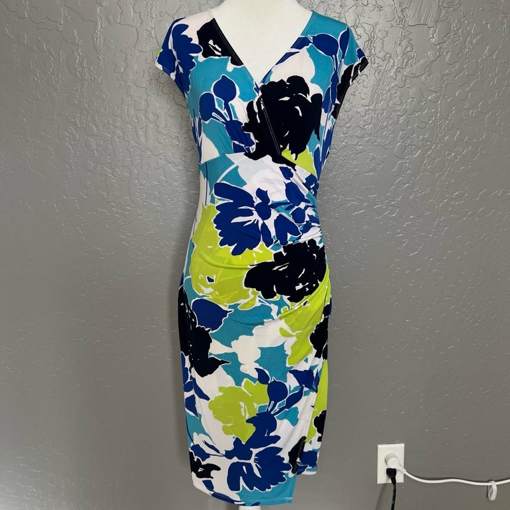 Floral Wrap-Style Sheath Dress in Blue & Lime